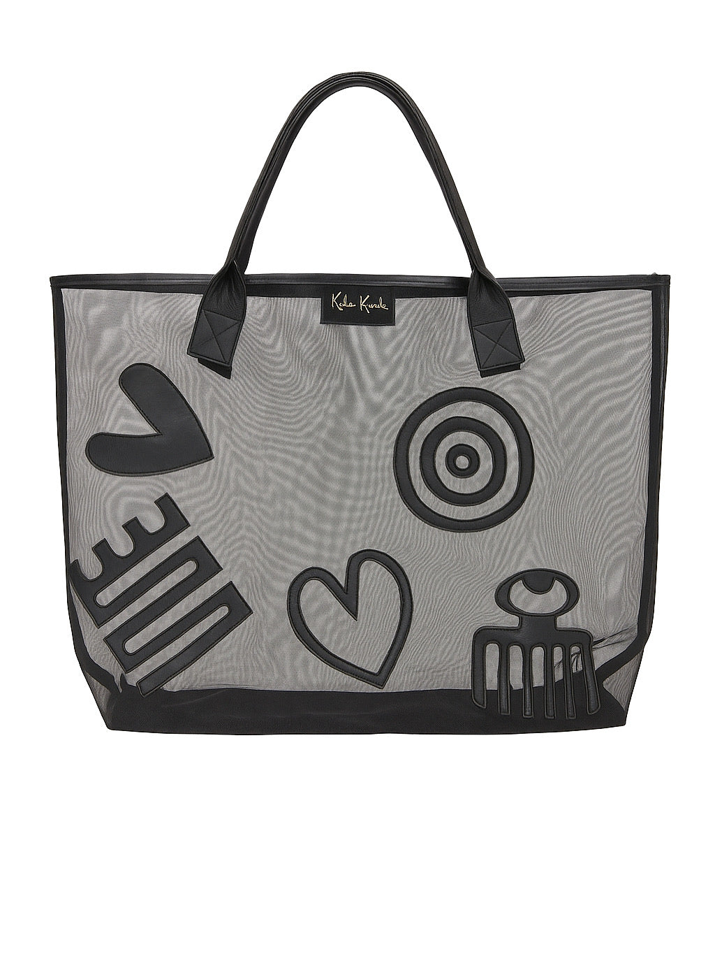 Black mesh tote bag with graphic designs on a white background